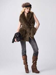 ROMWE EDITION Damen einfarbige Jacke mit geknoteter Taille, ärmellos, mit Kunstfell, Herbst/Winter - Grau - Übersicht 9