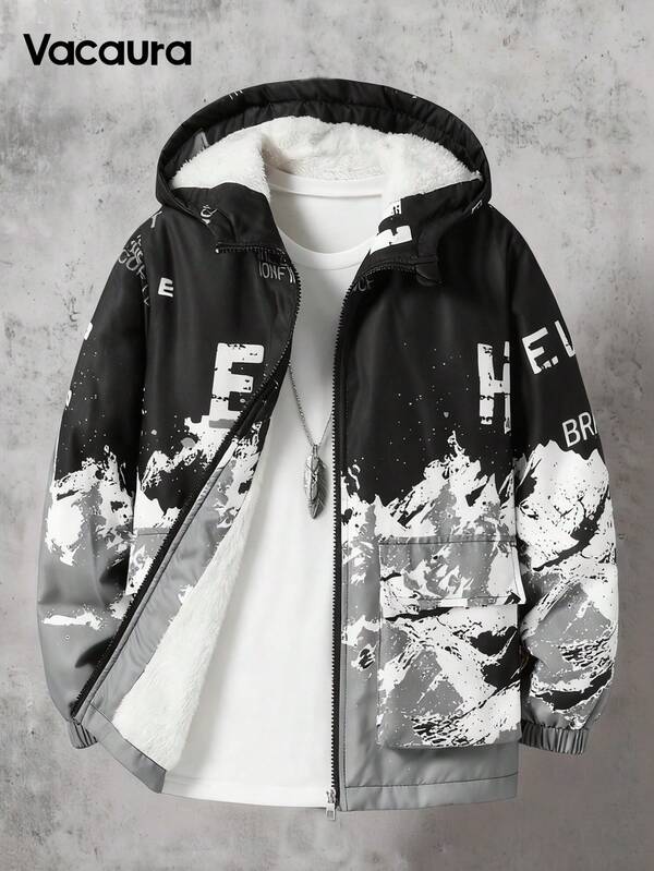 Chaqueta con capucha estampada con letras y montañas para adolescentes, de moda casual, versátil para uso diario en otoño/invierno