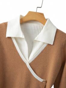Franclia Suéter de cuello polo de manga larga con color de contraste elegante y minimalista, adecuado para otoño/invierno - Caqui - Ver 6