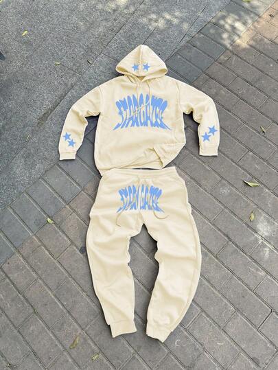 GENIUS ODE 2ชิ้น ชุดเสื้อฮู้ดพิมพ์ลายมินิมอลสำหรับผู้ชายและกางเกงขายาว