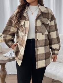 SHEIN LUNE Plus Plaid Flap Pocket Drop Shoulder Coat Fall Winter Cloth For Women Autumn