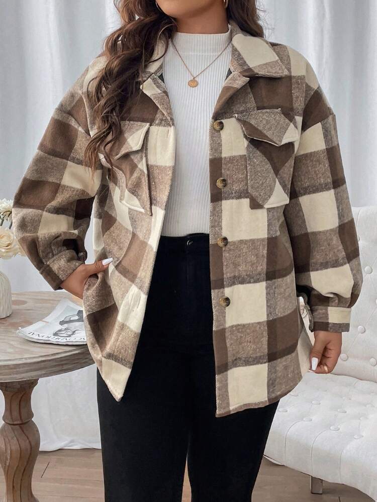 Plus Plaid Flap Pocket Drop Shoulder Coat Fall Winter Cloth For Women Autumn
