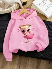 SHEIN 少女休闲时尚可爱趣味卡布奇诺芭蕾舞者图案印花卫衣，粉色，适合日常、户外、运动和上学穿着，秋冬季节。 - 粉色 - 查看 4