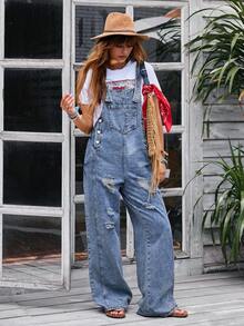 EMERY ROSE Women's Casual Washed Distressed Denim Bib Overalls - Blue - View 5