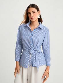 CAJUNI 女式条纹长袖单排扣侧系腰休闲衬衫 - 藍白色 - 查看 5