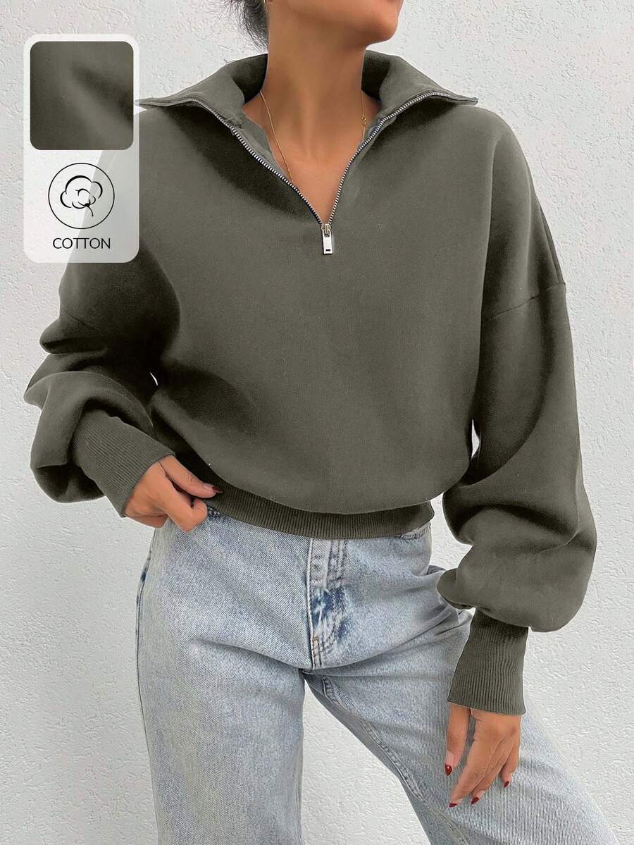 EURMUSE 100% Cotton Collar With Zipper Pattern Oversize Sweatshirt - Army Green - View 1