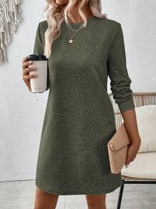 EMERY ROSE Casual Versatile Solid Color Long Sleeve Dress Fall Cloth For Women - Army Green - View 5