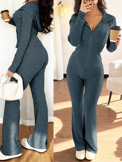 Rafferiza Set de 2 piezas Sudadera con capucha casual y pantalones acampanados con puños acanalados para mujer, conjunto versátil para otoño/invierno