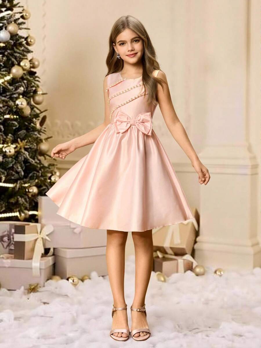 Tween Girl' Round Neck Sleeveless Dress With Multi-Layer Beaded Waist Bow Decor, Elegant & For Halloween, Christmas, Party