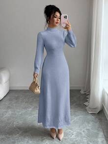 Elenzga Women's Solid Color Turtleneck Unique Design Fitted Waist Elegant Casual Long Sleeve Maxi Knit Sweater Dress, Suitable For Autumn/Winter - Blue - View 6