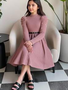 Váy len tay bồng cổ bèo nhún đính hạt thanh lịch cho bé gái tuổi teen, màu hồng, thích hợp cho tiệc Giáng sinh, năm mới, váy trơn co giãn - Hồng - Xem 2