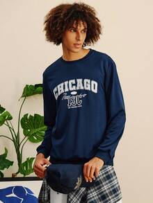 Open Phase 男士花卉字体复古美式圆领卫衣 | 芝加哥字母印花 | 休闲街头服饰，秋冬 - 藏蓝色 - 查看 2