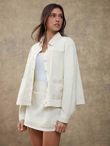 WESTFADE Collared Button Front 100% Floral Embroidered Cotton Twill Swing Jacket Fall, Autumn, Winter, Western Wear, Casual Cute, Boho, Country Concert - Apricot - View 4