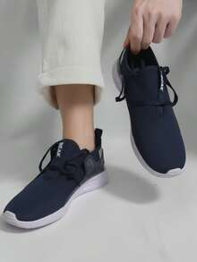 Tenis para hombre tejido elástico transpirable punta redonda con agujeta suela gruesa estilo deportivo gimnasia y casual running - Azul Marino - Ver 1