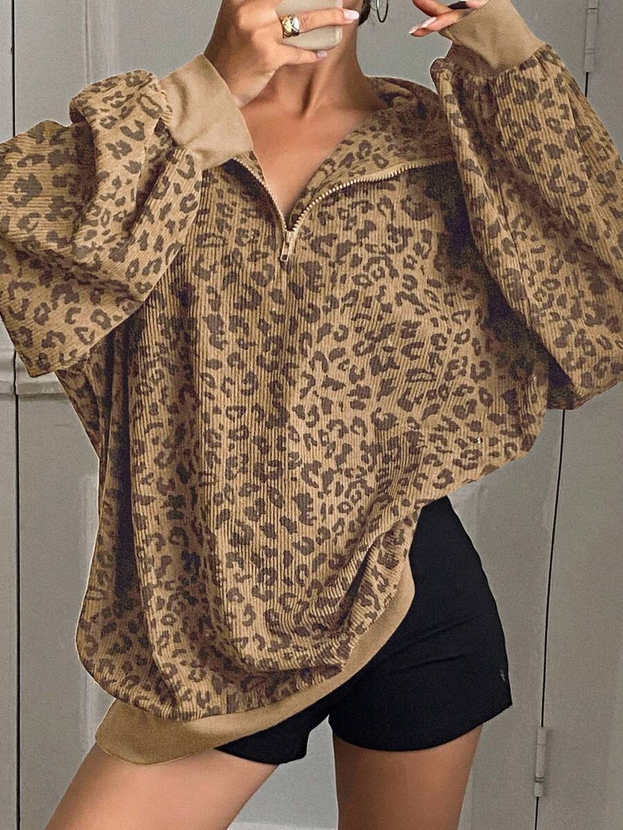 DAZY 女式灯芯绒豹纹半拉链套头衫，休闲街头风格，秋冬 - 卡其色 - 查看 1