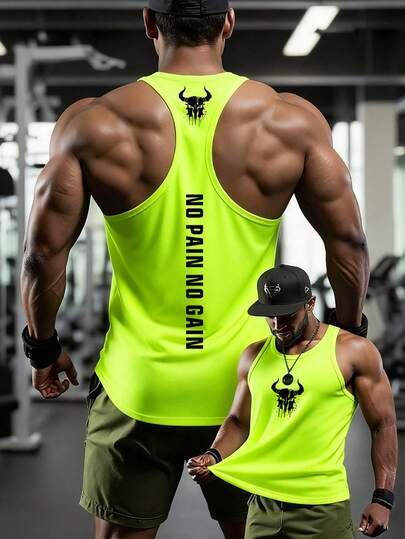 Manfinity Sport PWRUP Men's Summer Letter Graphic Loose Fit Muscle Tank Top Sleeveless Workout Shirts Neon Workout Top