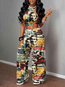 Slaydiva Women's Autumn Clothes/Women's Winter Clothes/Women's Going Out Tops/Y2k Clothing/Streetwear/Graffiti Print/2 Pieces Women's Casual Streetwear Tight Camisole And Loose Pants Set/Suitable For S - Multicolor - View 6