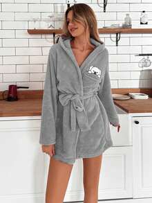 RueChic Cartoon Embroidery Hooded Belted Flannel Robe - Dusty Blue - View 5