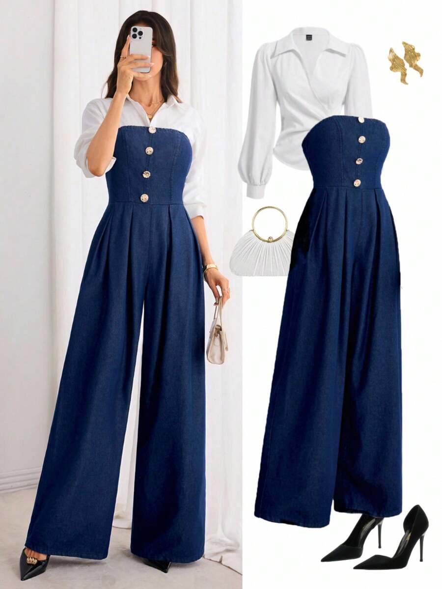 Elenzga 优雅派对成熟女士牛仔背带裤和连体裤