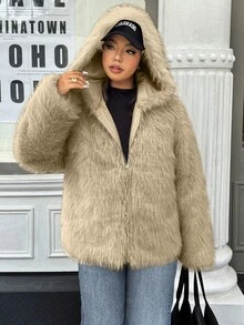Easura Plus Size Solid Color Short Warm Faux Fur Hooded Jacket, Winter - Khaki - View 3