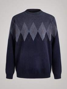 Officeau 男士加厚圆领毛衣，商务休闲提花针织长袖上衣，百搭叠穿单品，格子条纹图案，秋冬款，复古风格