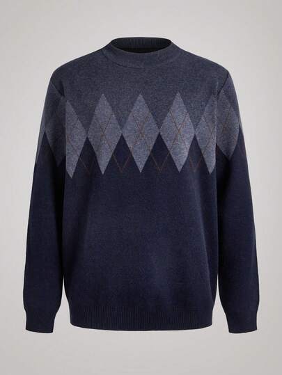 Officeau 男士加厚圆领毛衣，商务休闲提花针织长袖上衣，百搭叠穿单品，格子条纹图案，秋冬款，复古风格