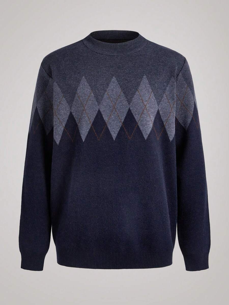 Officeau 男士加厚圆领毛衣，商务休闲提花针织长袖上衣，百搭叠穿单品，格子条纹图案，秋冬款，复古风格