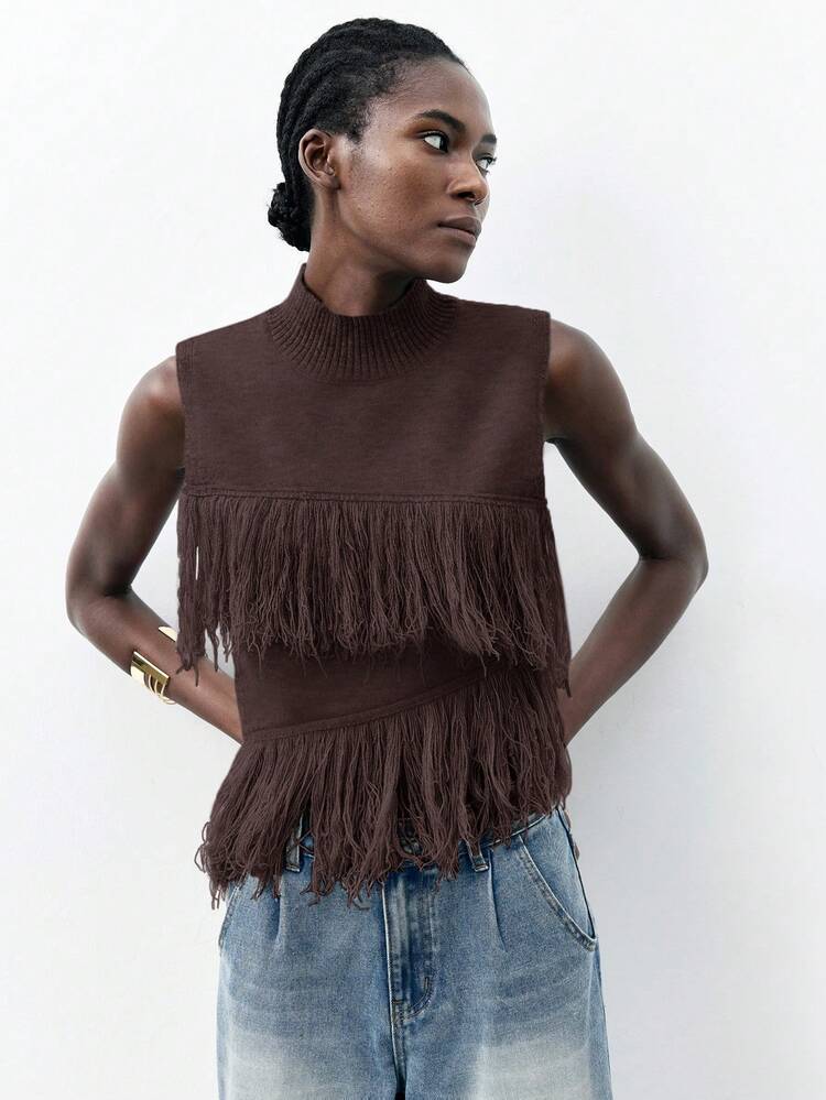 SHEIN Maija Women's Solid Color Sleeveless Knit Top With Tassel Decor And Asymmetric Hem Design, Showcasing Fashionable Personalized. Classic Brown Color, Minimalist Yet Detailed, Suitable For Urban Commute, Business Casual And Office Wear. Vacation Summer Going Out Graduation