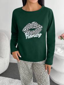 EURMUSE Cotton Women 2 Pcs Lips&Leopard Printed Long Sleeved Shirt&Leopard Pattern Sleep Bottoms Set - Green - View 4