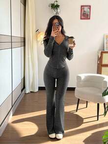 Rafferiza 2 件女式休闲连帽运动衫，带口袋和喇叭裤罗纹针织套装，适合秋冬季