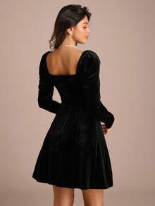 Enchnt Women's Black Velvet Rhinestone Decor Sweetheart Neck Mini Princess Dress,Elegant Night Out Outfit,Black And Silver Autumn Fall/Winter Party Dress - Black - View 7