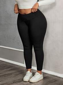 SHEIN PETITE CURVE 大码女式纯色高腰休闲保暖内衬打底裤，适合秋冬季 - 黑色 - 查看 4