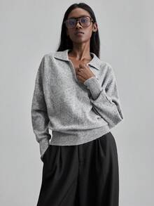 Ontre 女士纯色翻领宽松长袖羊毛混纺针织毛衣，基本款套头针织衫，适合城市通勤、商务休闲、办公室穿着，优雅适合圣诞派对、新年、节日 - 灰色 - 查看 4