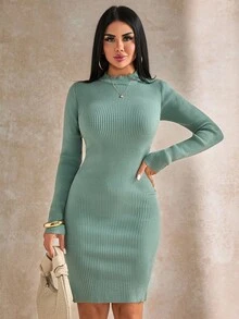 RueChic 女式纯色圆领长袖修身毛衣连衣裙，秋冬 - 薄荷綠 - 查看 3