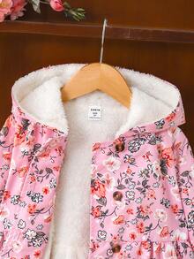 SHEIN Elladie kids 女童印花保暖连帽双排扣冬装外套，时尚休闲日常穿着 - 粉色 - 查看 4