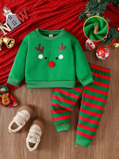 SHEIN Set de 2 piezas Sudadera verde con estampado y diseños bordados de temática navideña y pantalón de chándal con estampado a rayas para niños pequeños, adecuado para uso diario en otoño/invierno, salidas, fiestas/atuendo navideño