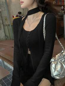 DAZY Áo thun nữ tay dài buộc dây, đơn hàng nút, phong cách Hàn Quốc, màu trơn - màu đen - Xem 2