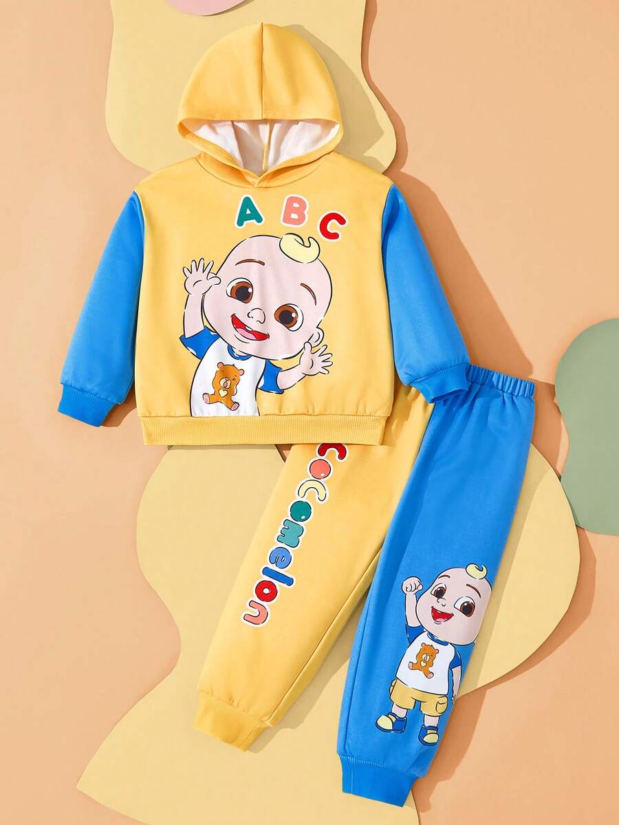 CoComelon X SHEIN 2件套小男孩卡通图案连帽衫和拼色运动休闲户外运动裤套装 - 彩色 - 查看 1