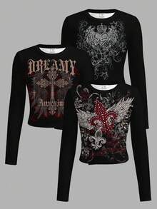 SHEIN 3件套复古朋克哥特风爱心翅膀十字印花修身短款长袖T恤，适合青少年女孩，秋冬季嬉皮风音乐节穿着 - 彩色 - 查看 2