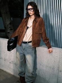 Airlisse Veste courte élégante pour femmes, col à revers, manches longues, avec poches décoratives. Doublure thermique épaisse, fermeture éclair, coupe slim - Marron - Voir 3