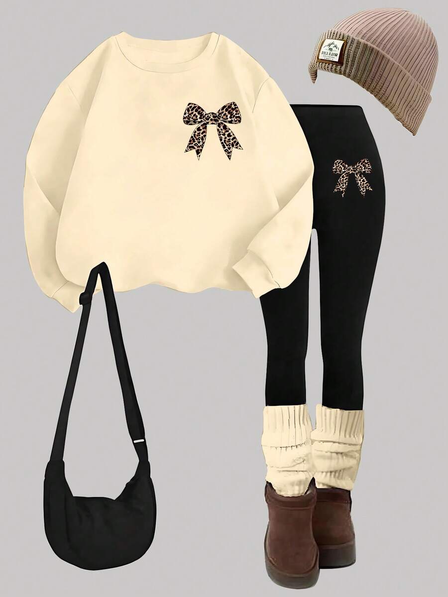 1 套年轻女孩休闲时尚简约豹纹蝴蝶结图案连帽衫和紧身裤套装，杏色，适合秋冬日常和学校服装 - 彩色 - 查看 1
