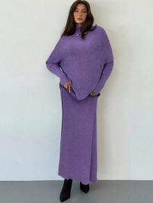 Aloruh Purple Knitted 2pcs Set New Winter Thick Women Sweater Skirt Loose Two Pieces Set - Purple - View 5