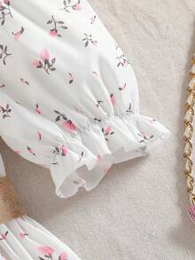 Sparklyn Tween Girls Floral Print Puff Sleeve Dress, Sweet & Fashionable, No Belt, Spring/Summer - White - View 5