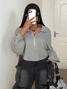 Maweii Plus Size Casual Half-Turtleneck Zip-Up Short Sweatshirt For Outdoor Wear, Autumn - Grey - View 4