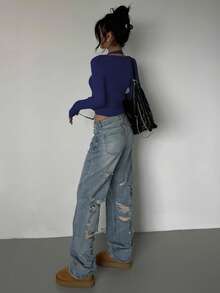 DAZY 2 件套女式紧身长袖单扣针织开衫和露背针织上衣套装 - 藏蓝色 - 查看 4