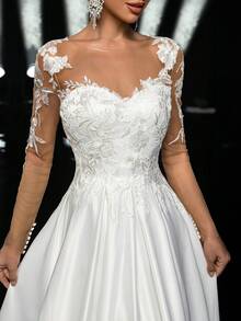 Glamrae Elegant White Spring Wedding Bridal Gown,Formal Sheer Mesh Long Sleeve Handmade Applique Lace Embroidered Satin Extra-Large A-Line Backless Dress - White - View 4