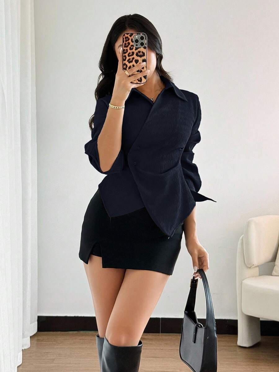 Modelyn Camisa de manga larga de unicolor y estilo minimalista para mujer, para uso casual diario - Azul Marino - Ver 1