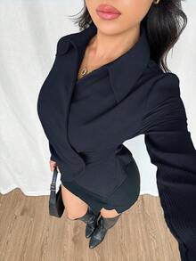 Modelyn Camisa de manga larga de unicolor y estilo minimalista para mujer, para uso casual diario - Azul Marino - Ver 5