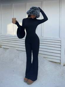 FavEase 黑色不对称肩部褶皱领合身腰部长袖复古喇叭连体裤，复古、简约、百搭、超有弹性且柔软，适合休闲、运动、瑜伽、日常穿着 - 黑色 - 查看 5