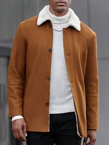 Manfinity Homme 男士纯色简约休闲翻领长袖大衣，秋冬季休闲外套 - 卡其色 - 查看 5